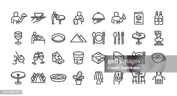 waiter line icon set. group of object. restaurant service, table service, taking order, serving tray, menu. - table knife stock illustrations