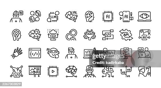Ai Engineer Line Icon Set. Group Of Object. Machine Learning, Artificial Intelligence, Neural Network. Ai Engineer Line Icon Set. Group Of Object. Machine Learning, Artificial Intelligence, Neural Network.