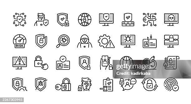 ilustraciones, imágenes clip art, dibujos animados e iconos de stock de set de iconos de línea de especialista en ciberseguridad. grupo de objetos. - ransomware