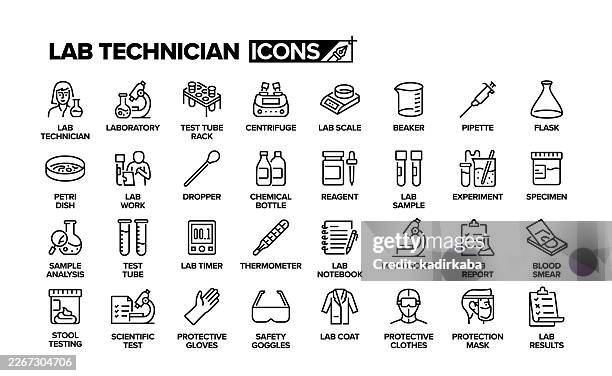 lab technician line icon set. group of object. laboratory, experiment, test tube, lab results. - microscope slide stock illustrations