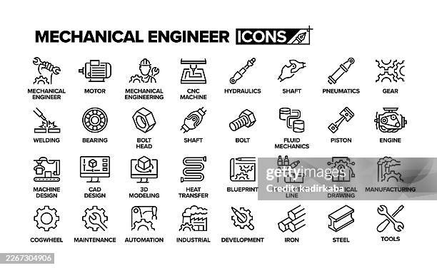 ilustraciones, imágenes clip art, dibujos animados e iconos de stock de conjunto de iconos de línea para ingenieros mecánicos. grupo de objetos. - ingeniería mecánica