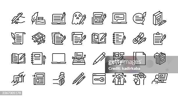 writing line icon set. group of object. writer, author, typewriter, pen, paper, storytelling, content writing, blog writing, academic writing, article writing. - typewriter vector stock illustrations