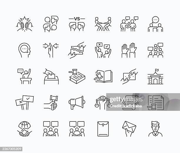 thin mediation line icon set · 30 icons - arbitration law stock illustrations