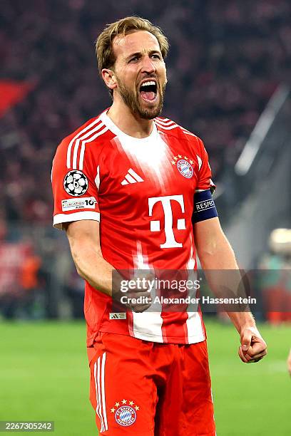 Harry Kane of FC Bayern Munich celebrates scoring his team's second goal during the UEFA Champions League 2025/26 Round of 16 Second Leg match...