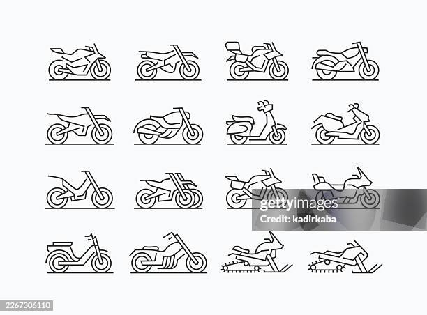 thin motorcycles line icon set · 30 icons - motorcycle engine stock illustrations