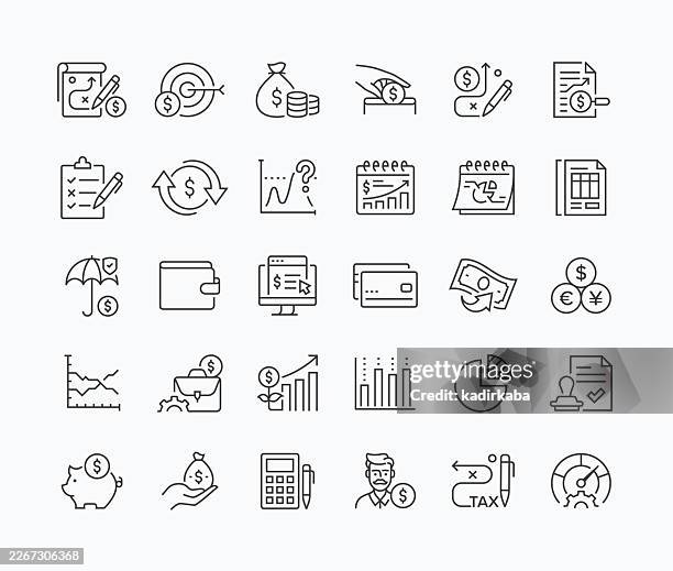 ilustraciones, imágenes clip art, dibujos animados e iconos de stock de conjunto de iconos de línea fina para planificación financiera · 30 iconos - cartera vacía