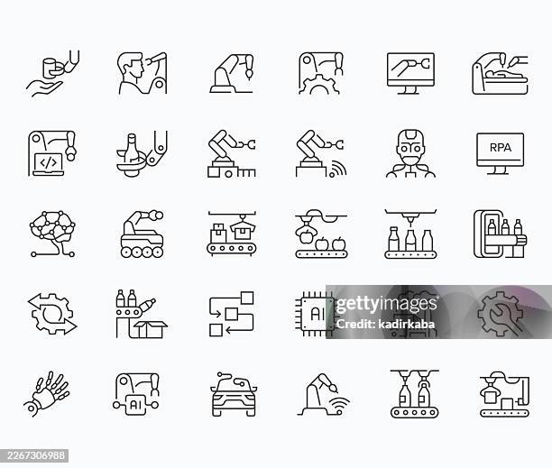 thin robotization line icon set · 30 icons - collaborative robot stock illustrations