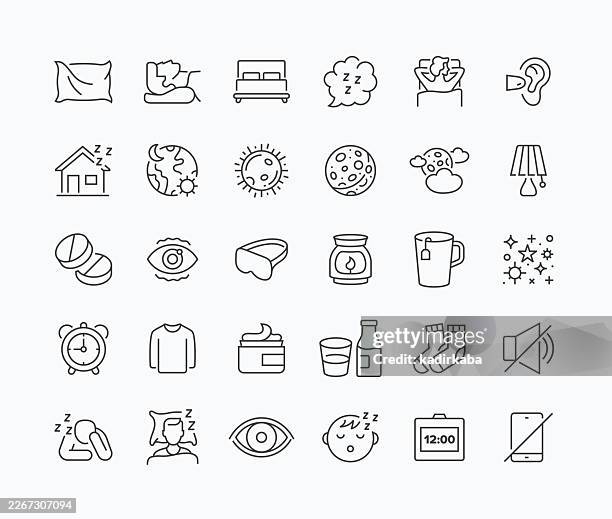 thin sleeping line icon set · 30 icons - neck pillow stock illustrations