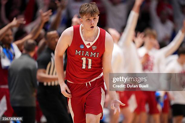 Almar Atlason of the Miami RedHawks celebrates after making a shot during the second half against the SMU Mustangs in the First Four game of the 2026...