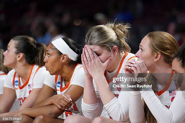Morgan Lee of the Clemson Tigers reacts during the final minute of overtime during the first round NCAA Women's Basketball Tournament game against...