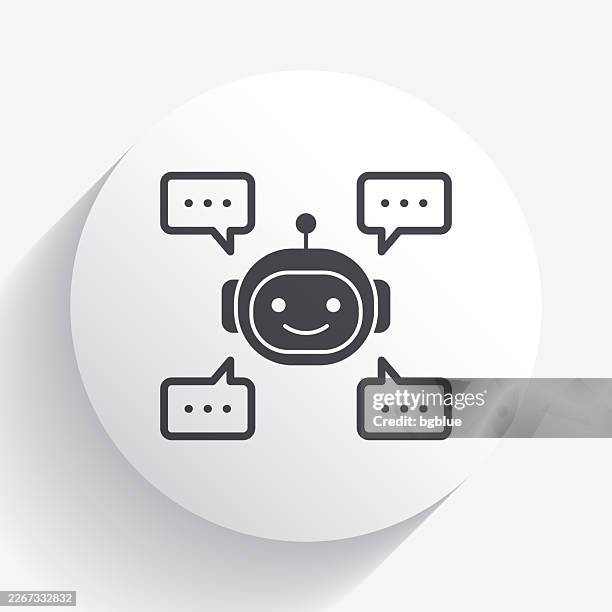 chatbot with speech bubbles. icon on circle button with long shadow - 3d cyborg stock illustrations