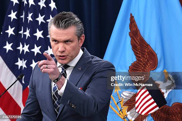 Secretary of War Pete Hegseth provides updates on the continued military operations on Iran 2during a press briefing on the Iran war at the Pentagon...