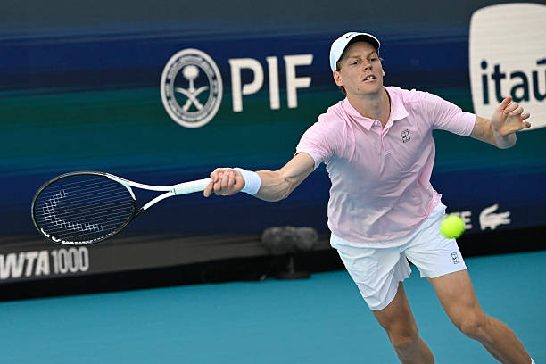 Jannik Sinner plays in the 2nd round Men's Singles match at the Miami Open on March 21 at Hard Rock Stadium in Miami Gardens, Florida.