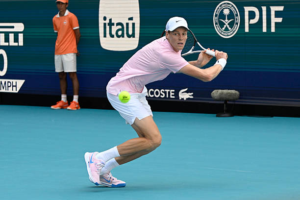 Jannik Sinner plays in the 2nd round Men's Singles match at the Miami Open on March 21 at Hard Rock Stadium in Miami Gardens, Florida.