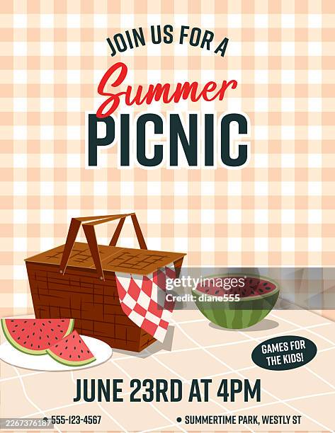 picnic invitation template on a checked background pattern with foods and room for text - gingham tablecloth stock illustrations