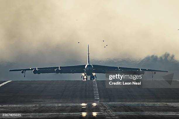 United States Air Force B-52 Stratofortress strategic bomber takes off from RAF Fairford on March 19, 2026 in Fairford, England. Since UK Prime...