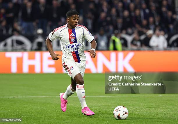Endrick of Olympique Lyonnais runs with the ball during the UEFA Europa League 2025/26 Round of 16 Second Leg match between Olympique Lyonnais and...