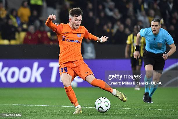Nikita Iosifov of NK Celje scores his team's first goal during the UEFA Conference League 2025/26 round of 16 second leg match between AEK Athens FC...