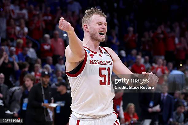 Rienk Mast of the Nebraska Cornhuskers reacts after beating the Troy Trojans in the first round of the 2026 NCAA Men's Basketball Tournament at...