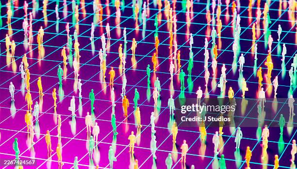 wide neon grid perspective with colorful people figures, illustrating a global social data network. - crowdsourcing stock pictures, royalty-free photos & images