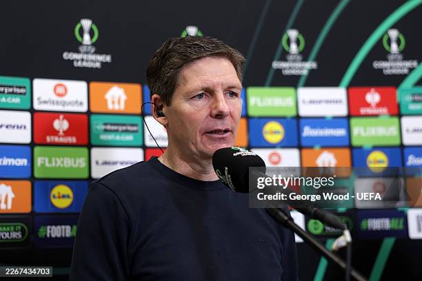 Oliver Glasner, Manager of Crystal Palace, speaks to the media after the team's victory in the UEFA Conference League 2025/26 round of 16 second leg...