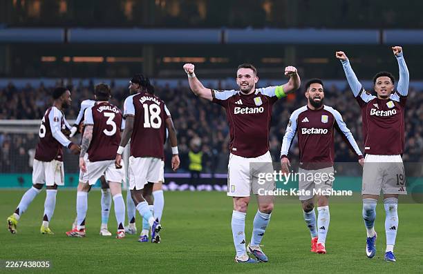 John McGinn of Aston Villa celebrates with Douglas Luiz and Jadon Sancho after scoring his team's first goal during the UEFA Europa League 2025/26...