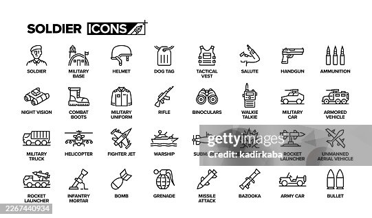 Soldier Line Icon Set. Group Of Object. War, Military, Armored Tank, Army, Army Soldier, Combat Boat, Weapon. Soldier Line Icon Set. Group Of Object. War, Military, Armored Tank, Army, Army Soldier, Combat Boat, Weapon.
