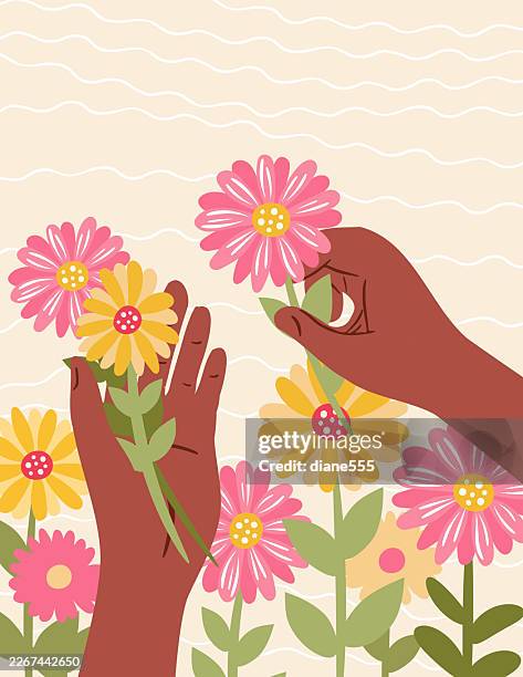 calm and meditative flower picking background - hispanic man exercise stock illustrations