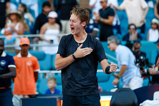 Sebastian Korda celebrates after his men's third round singles match against Carlos Alcaraz at the Miami Open on March 22 at Hard Rock Stadium in...