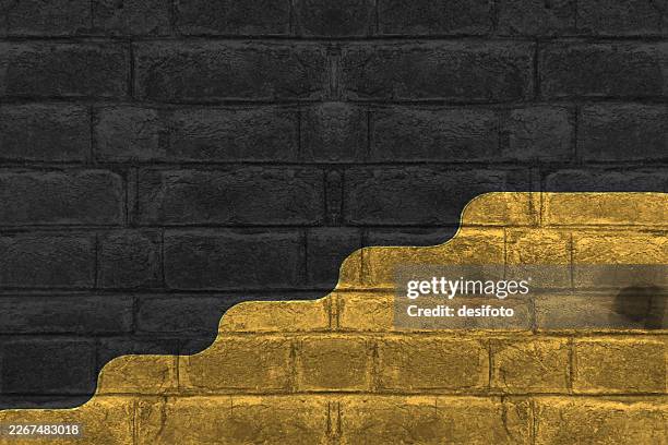 golden yellow shiny gold color patch of wavy pattern steps painted as graffiti on rustic textured dark black brick wall vector background - brick wall corner stock illustrations