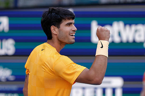 Carlos Alcaraz in action during his men's third round singles match against Sebastian Korda at the Miami Open on March 22 at Hard Rock Stadium in...