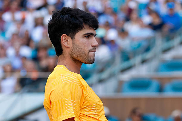 Carlos Alcaraz in action during his men's third round singles match against Sebastian Korda at the Miami Open on March 22 at Hard Rock Stadium in...