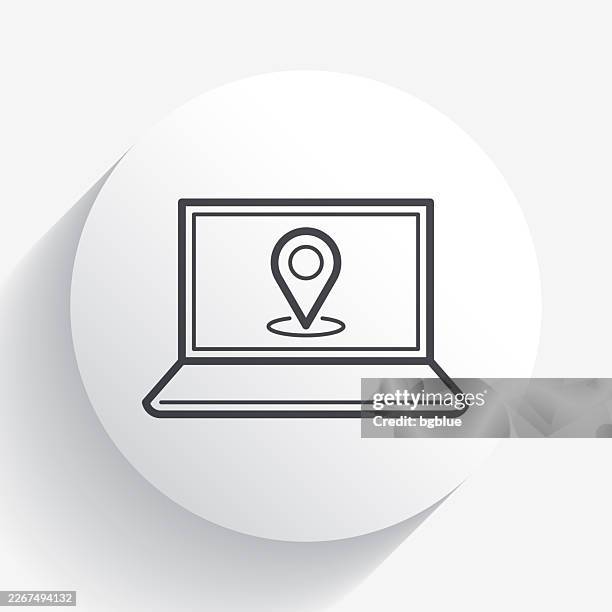 laptop with location pin. icon on circle button with long shadow - putting label stock illustrations