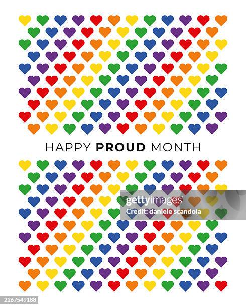 ilustraciones, imágenes clip art, dibujos animados e iconos de stock de mes del orgullo lgbtqia. colorida tarjeta arcoíris con estampado de corazones. - desfile del orgullo gay