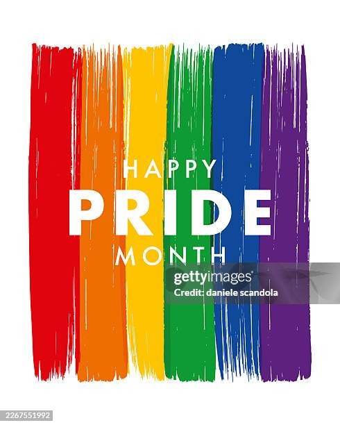 lgbtq pride month banner text on colorful rainbow flag. paint brush style. - pride stock illustrations