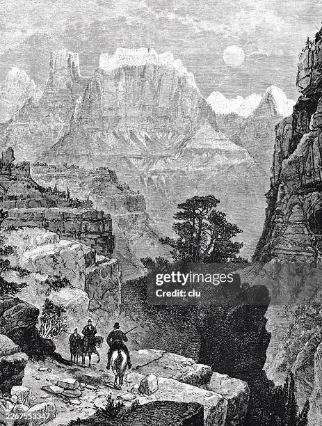 the narrows, zion canyon, utah — riders move cautiously along a narrow ledge high above the canyon floor, their path winding between sheer rock walls and vast open depths - solitude utah stock illustrations