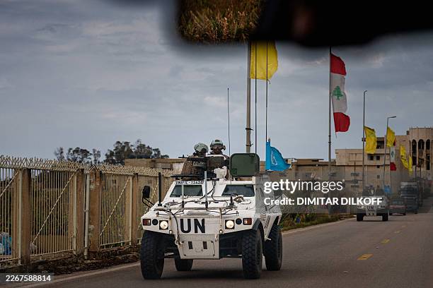 United Nations Interim Force in Lebanon convoy drives near the southern Lebanese city of Tyre on March 23, 2026. The Israeli military said it...