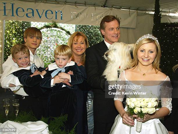 Actors David Gallagher, twins Lorenzo and Nikolas Brino, Catherine Hicks, Stephen Collins and Beverley Mitchell pose at a reception to celebrate 150...