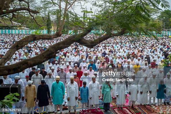 Imagh Muslims attend the Eid al-Fitr prayer at Eidgah Maath on March 21 ...
