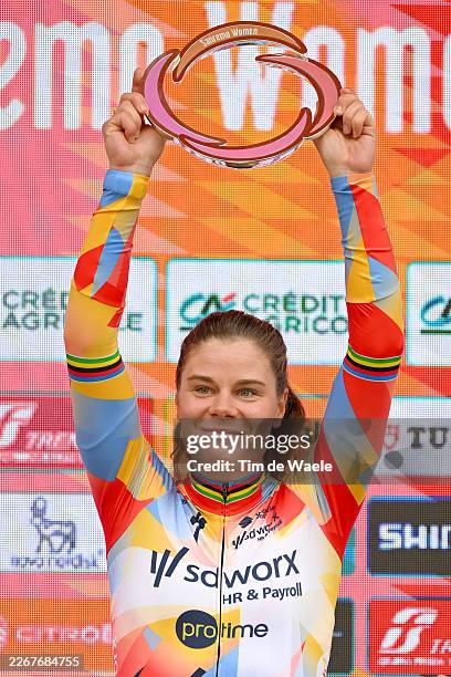 Lotte Kopecky of Belgium and Team SD Worx - Protime celebrates at podium as race winner during the 8th Milano-Sanremo Donne 2026, Women's Elite a...