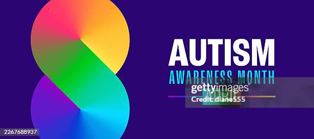 ilustraciones, imágenes clip art, dibujos animados e iconos de stock de pancarta del mes de concienciación sobre el autismo moderno con un símbolo de infinito arcoíris - autismo