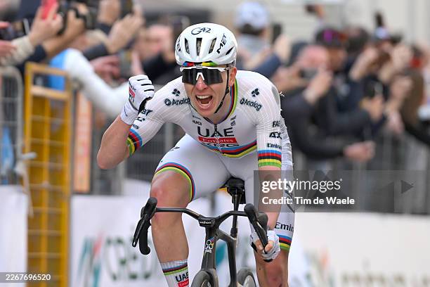 Tadej Pogacar of Slovenia and UAE Team Emirates - XRG celebrates at finish line as race winner during the 117th Milano-Sanremo 2026, Men's Elite a...