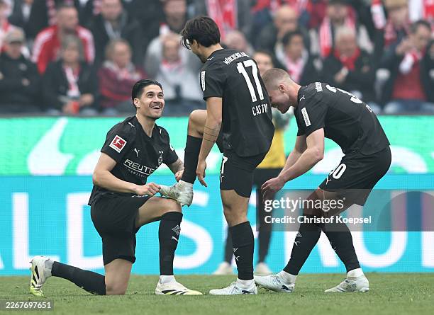 Jens Castrop of Borussia Monchengladbach celebrates scoring his team's third goal during the Bundesliga match between 1. FC Köln and Borussia...