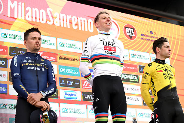 Thomas Pidcock of Great Britain and Team Pinarello Q36.5 Pro Cycling on second place, race winner Tadej Pogacar of Slovenia and UAE Team Emirates -...