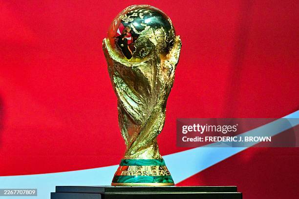 The FIFA World Cup Trophy is displayed during the Los Angeles stop of The FIFA World Cup 26 Trophy Tour by Coca-Cola at LA Live in Los Angeles on...