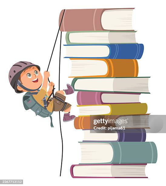 child climbing a stack of books. - child development stock illustrations