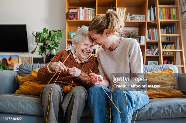 elderly mother teaching adult daughter knitting. - crochet stock pictures, royalty-free photos & images