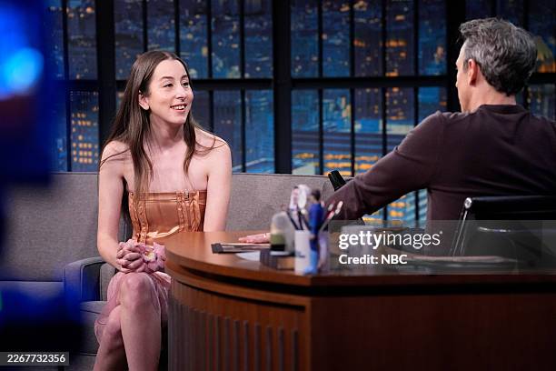 Episode 1785 -- Pictured: Musician and actress Alana Haim during an interview with host Seth Meyers on March 24, 2026 --