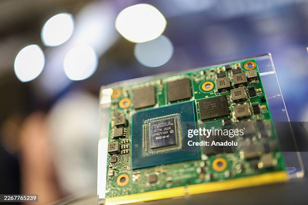 Processor embedded with a NVIDA chip is seen during the artificial intelligence exhibition AI EXPO 2026 in Taipei, Taiwan, on March 25, 2026. The AI...
