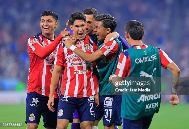 Jose Castillo of Chivas celebrates with teammates after scoring the second goal of his team during the 12th round match between Monterrey and Chivas...